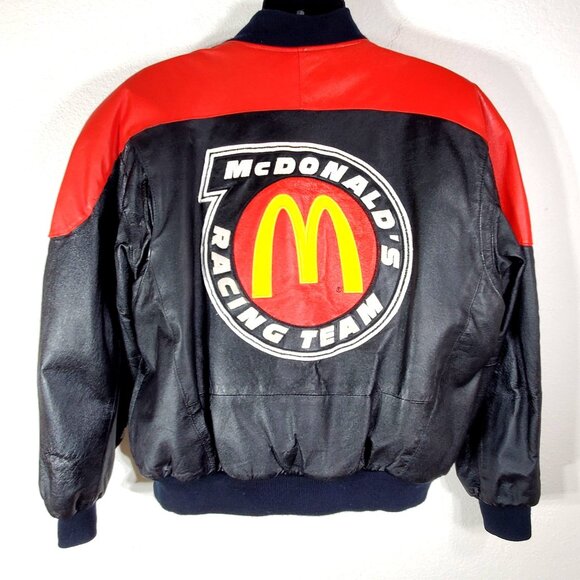 Vintage McDonalds Racing Team Large Leather Bomber Jacket Black Red Yellow - Picture 16 of 16